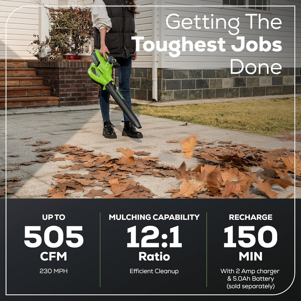 Greenworks 40V (230 MPH / 505 CFM) Cordless Brushless Leaf Blower/Vacuum with Bag, High Power, Lightweight & Quiet for Yard Debris Cleanup, Battery and Charger not included