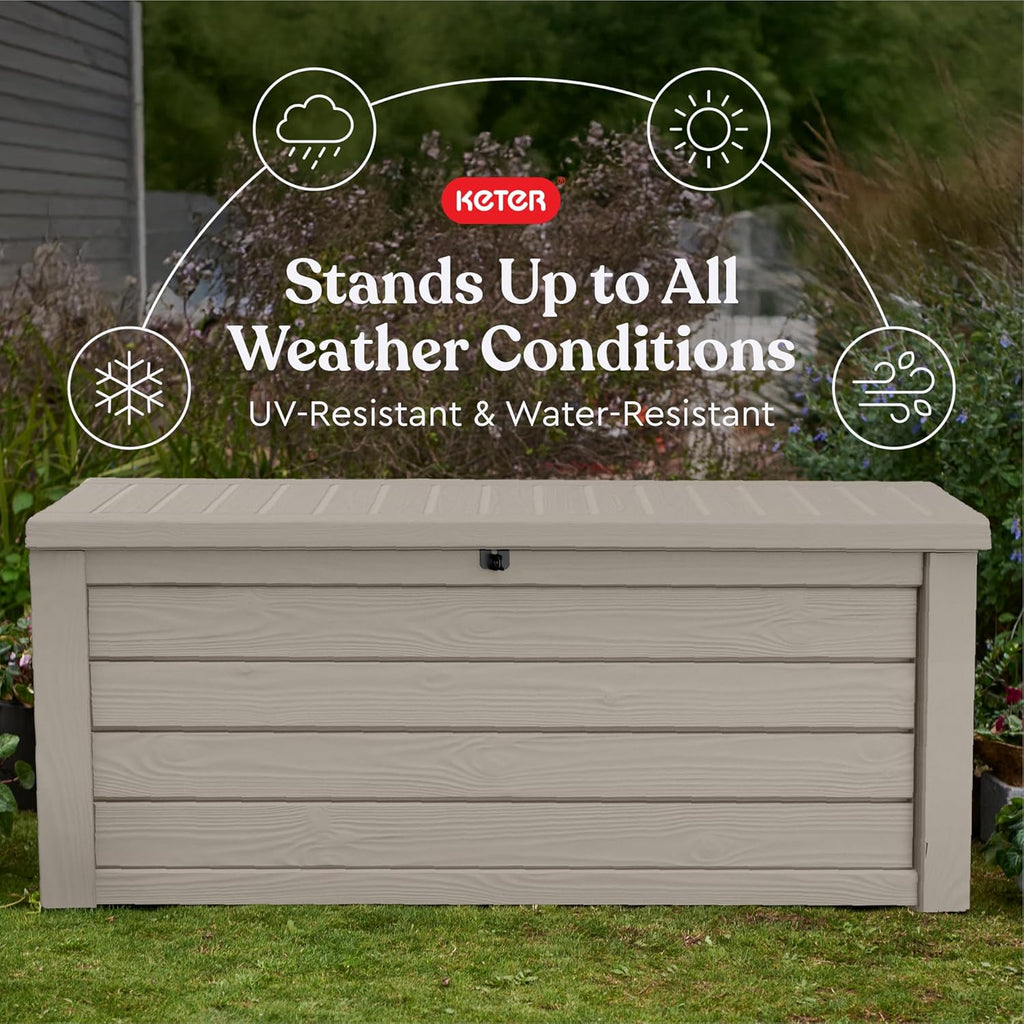 Keter Westwood 150 Gallon Resin Large Outdoor Storage Box for Patio Furniture, Outdoor Cushions, Garden Tools and Pool Floats, Beige