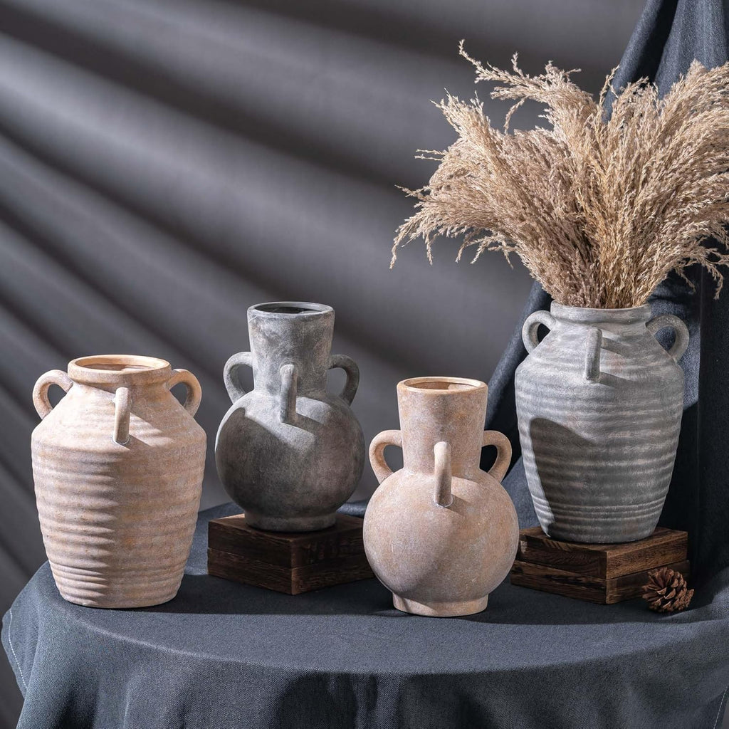 Rustic Grey Terracotta Ceramic Vase with Handles, Vintage Pottery Floral Vases, Cottage Core for Home Decor Table Centerpiece, Large Flower Vase for Bouquets Table Mantel Bedroon Bathroom 8.5 Inch