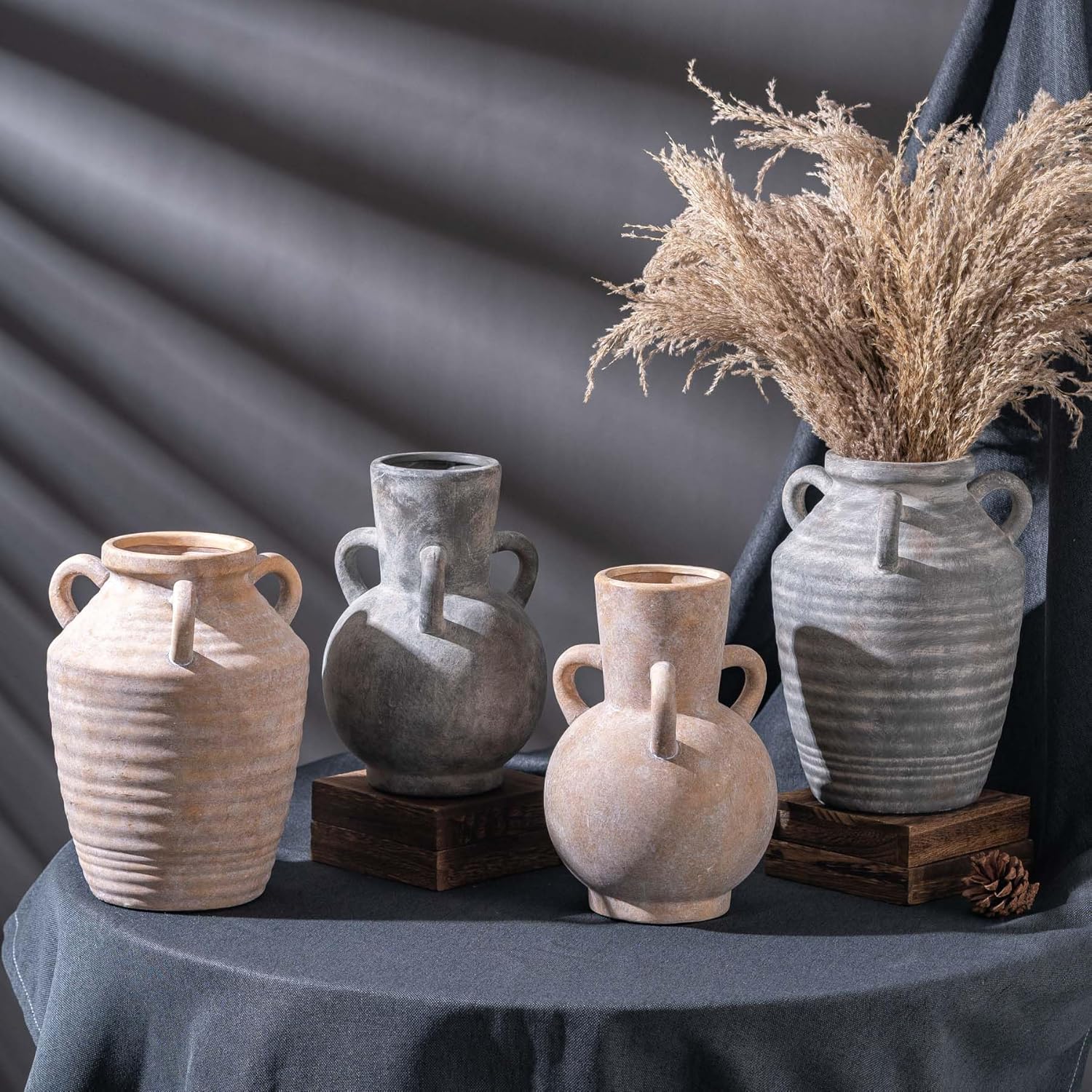 Rustic Grey Terracotta Ceramic Vase with Handles, Vintage Pottery Floral Vases, Cottage Core for Home Decor Table Centerpiece, Large Flower Vase for Bouquets Table Mantel Bedroon Bathroom 8.5 Inch