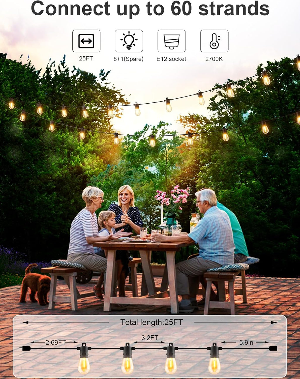 Svater Outdoor String Lights LED 25 FT, Patio Lights for Outside Waterproof IP65 with Shatterproof LED Bulbs, Cafe Bistro Backyard Balcony Hanging Light Warm White