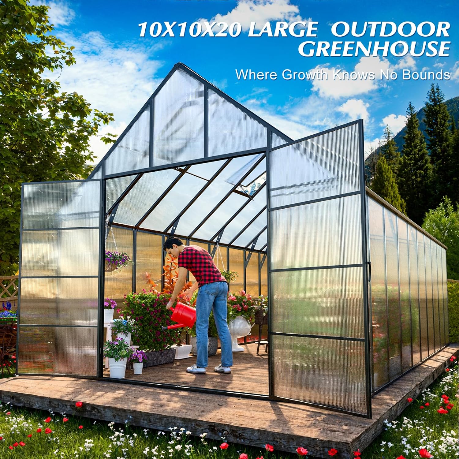 10'x10'x28' Snap-Together Greenhouse - Easy 3-Way Connectors, Heavy-Duty Aluminum Frame, Wind/Snow Resistant for Gardening/Urban Farming, Includes Sliding Door & Ventilation Windows