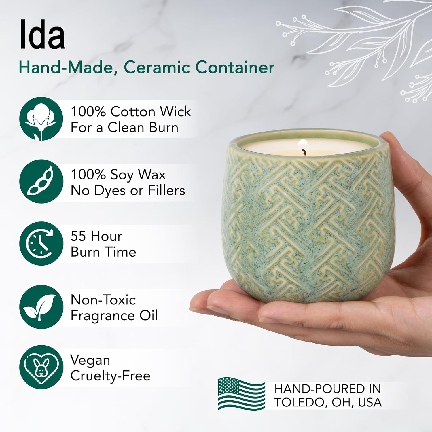 The Growing Candle, Lemongrass Scented, 10oz Ceramic Pot, Single Wick Aromatherapy Candles, 100% Soy for Women and Men, Ida