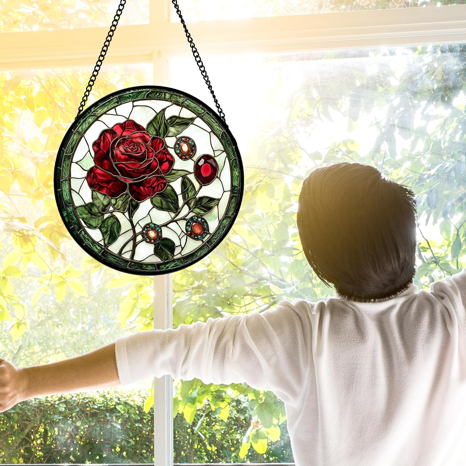 Stained Glass Window Hanging, Red Rose Gemstone Green Sun Catchers Diamond Glass Panel Hangings Suncatcher Decor for Birthday for Women, Men, Wife, Aunt, and Mom 11.8x11.8 in