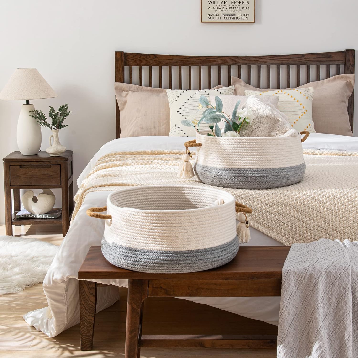 KAKAMAY Woven Baskets for Storage(16"x8"),Blanket Basket for Organizing Living Room,Cotton Rope Basket Woven Baby Laundry Hamper,Collapsible Laundry Room Organization,Clothes,Toy Chest(Grey)