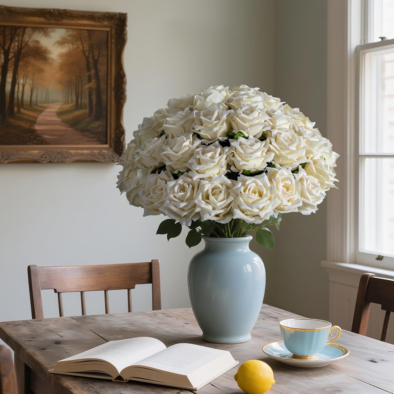 Fake Roses Faux Flowers Silk Roses 36PCS Artificial Roses with Stems Realistic Artificial Flowers Suitable for Indoor Home Decoration DIY Bouquet Wedding Decor Party Decor 16.5In (White)