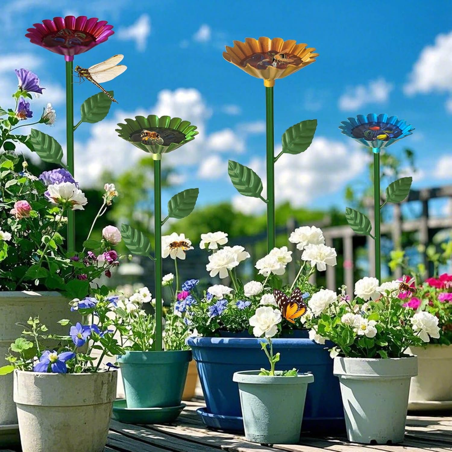 4 Pack Bee Watering Station, Bee Baths for Garden with Glass Marbles, Colorful Metal Butterfly Bird Water Feeder Supplies for Outdoor Garden Yard Farm Decor Flower Design (Green,Red,Blue,Yellow)