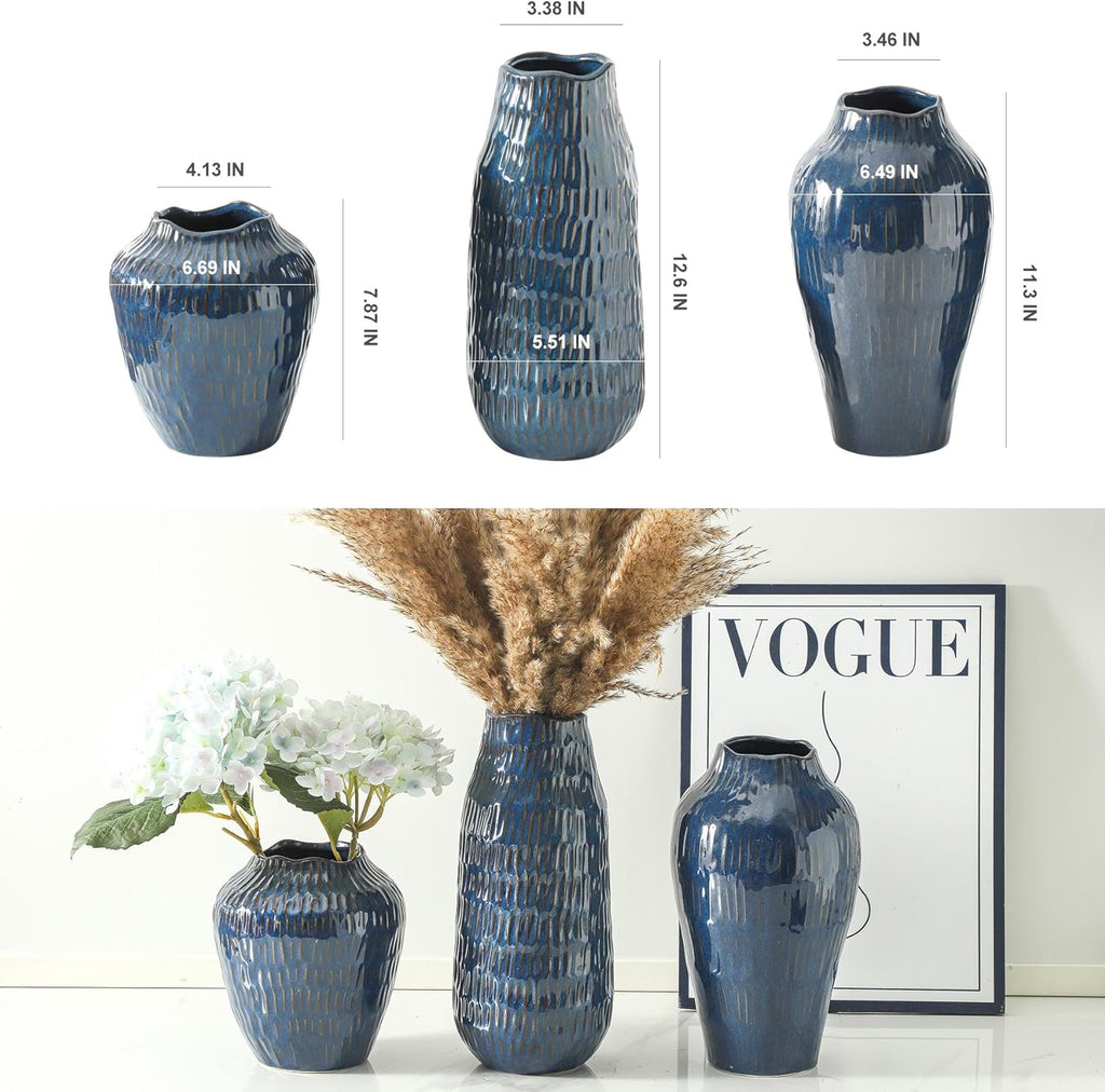 Blue Ceramic Vase for Home Decor, 12.6 Inch Tall Flower Vase with Modern Textured Finish,Decorative Floor Vase for Pampas Grass, Entryway, Living Room, Dining Table, Farmhouse or Office