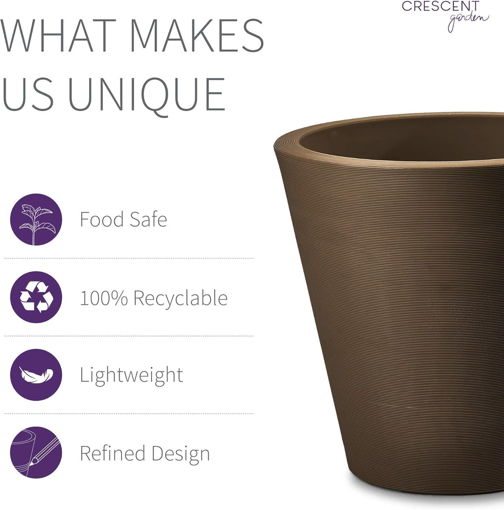 Crescent Garden Madison Planter– Weather-Resistant, Double Walled Indoor/Outdoor Plant Pot with Drain Hole – Durable All-Season Flower Container, 16" W (Mocha)