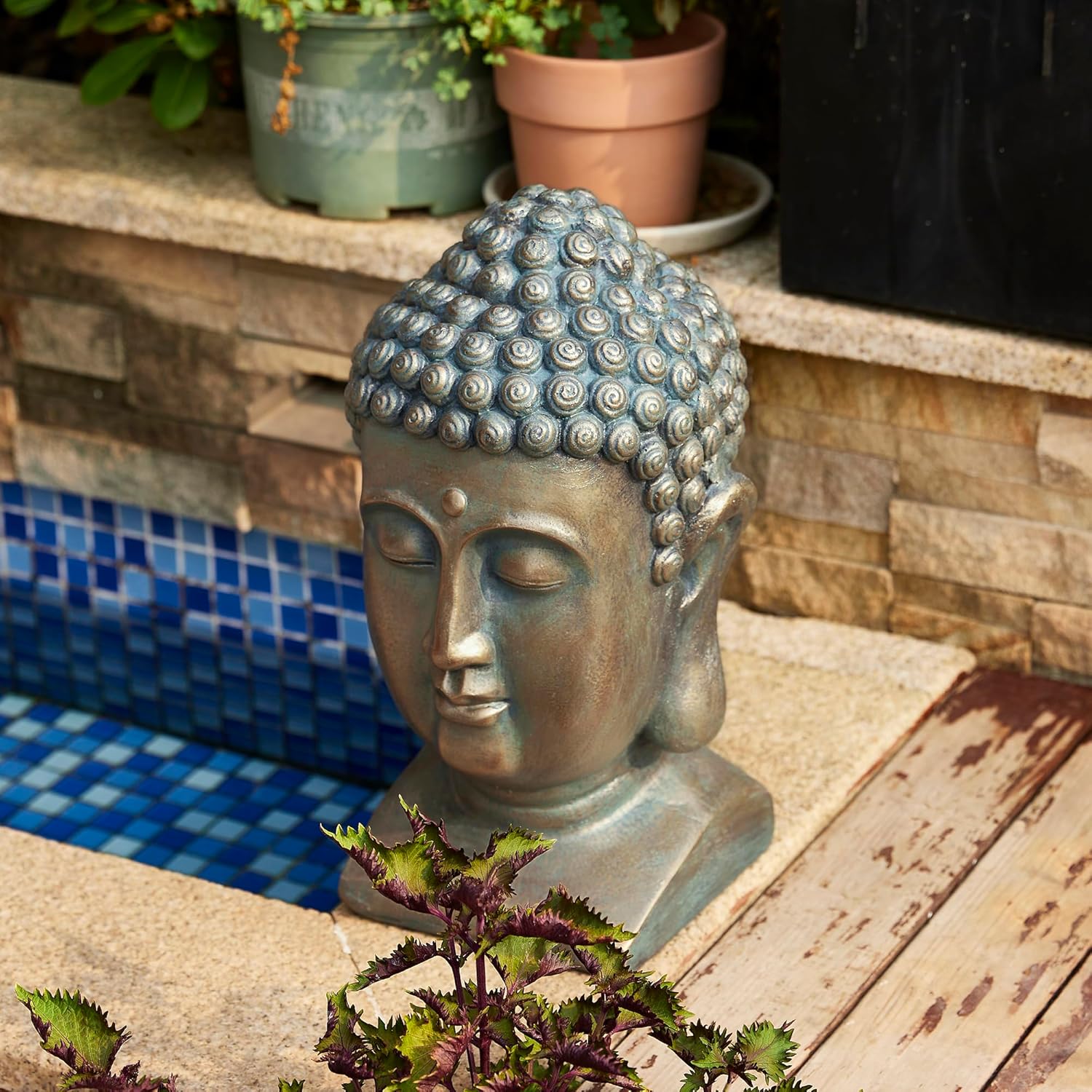 Glitzhome MGO Faux Bronze Buddha Head Garden Statue Indoor and Outdoor Sculpture Decoration, 16" H