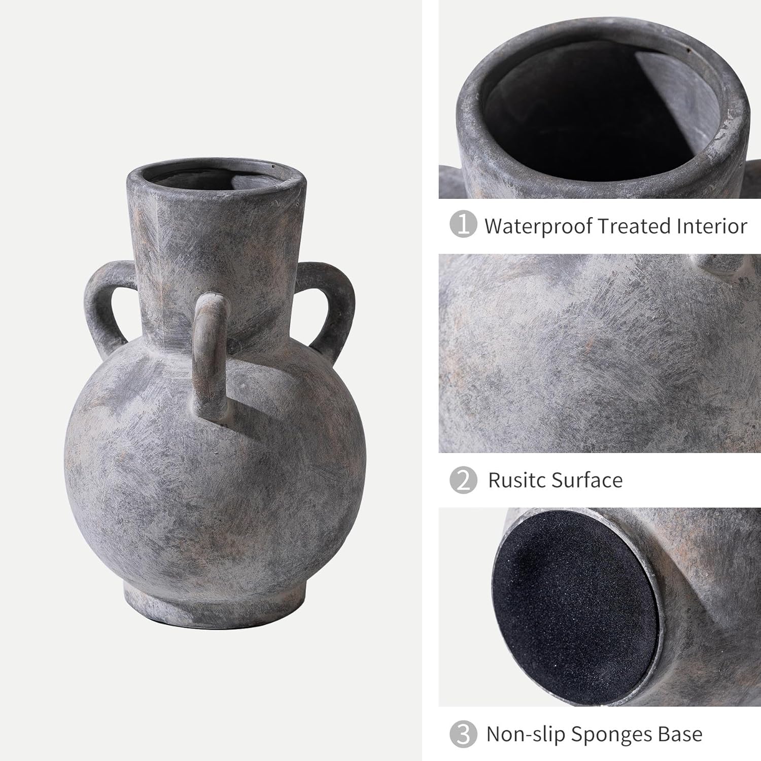 Rustic Grey Terracotta Ceramic Vase with Handles, Vintage Pottery Floral Vases, Cottage Core for Home Decor Table Centerpiece, Large Flower Vase for Bouquets Table Mantel Bedroon Bathroom 8.5 Inch