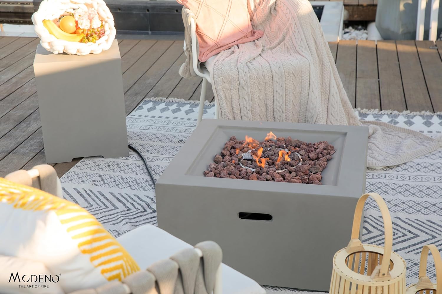 AMS Fireplace | Modeno Ridgefield Package | Light Gray Natural Gas Fire Pit Table for Outside Patio Bundle with Wind Guard, SS Burner Lid | Free Ice Bucket & Rubber Mat