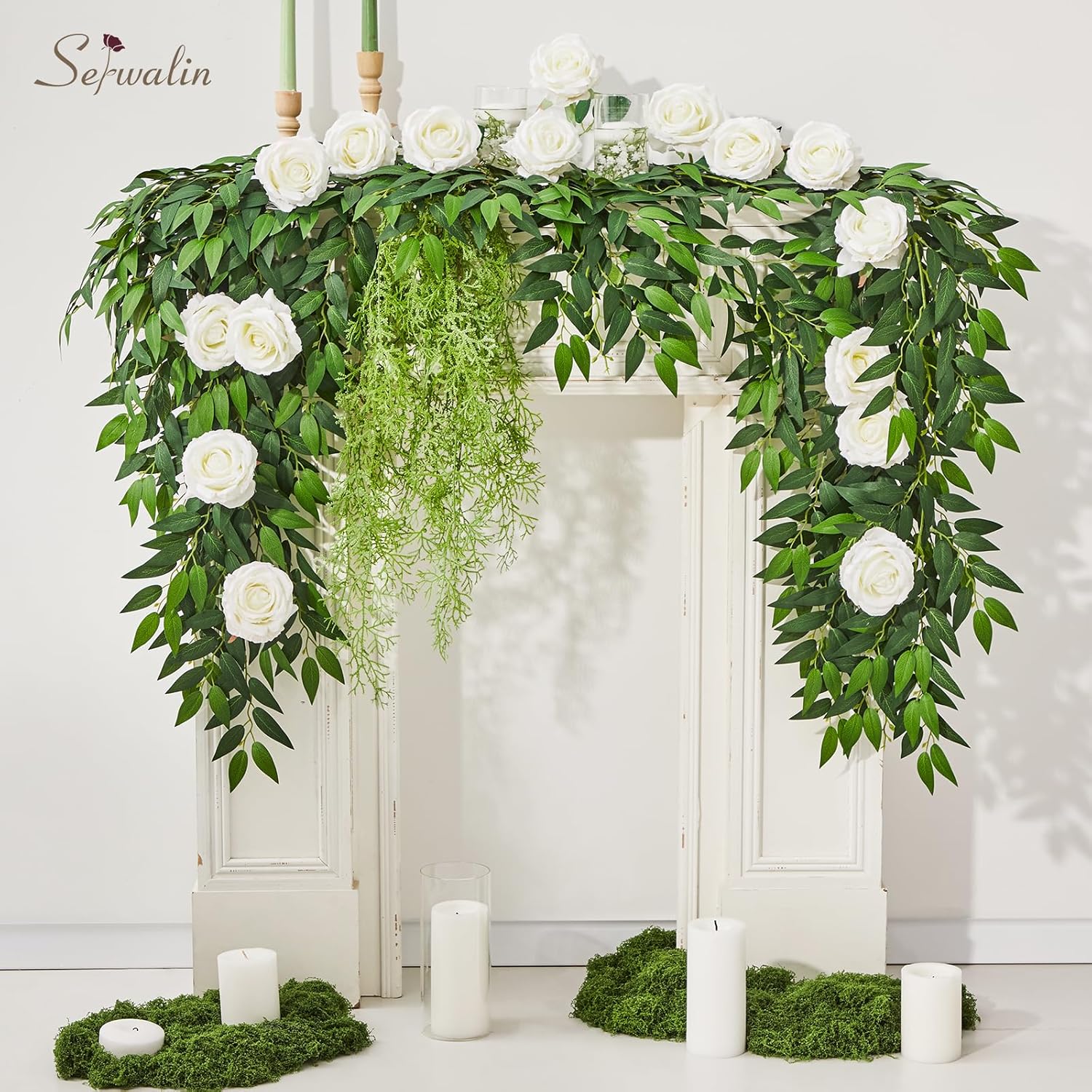 Serwalin 50pcs Artificial White Roses, 4'' Velvet Flower Head Fake Roses Bulk, Real Touch Silk Roses Realistic Bouquet Long Stems Wedding Home Decor and Table Centerpiece