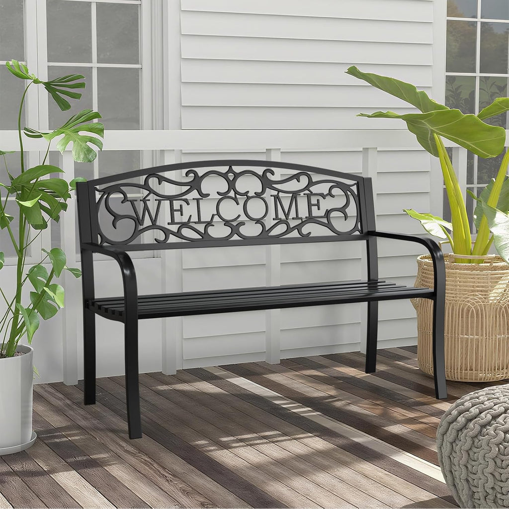 50" Heavy Duty Outdoor Bench, Wrought Iron Weatherproof Garden Bench Black Metal Patio Bench for Park Proch Yard 880lbs