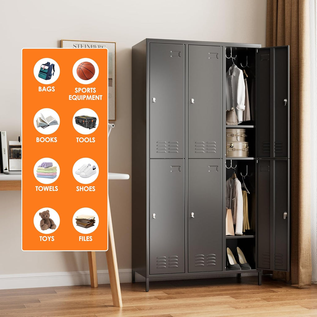 6 Doors Metal Lockers for Employees with 6 Shelves and 18 Hooks, Storage Locker with Business Card Holder for Office Gym School Bedroom, Assembly Required, Black