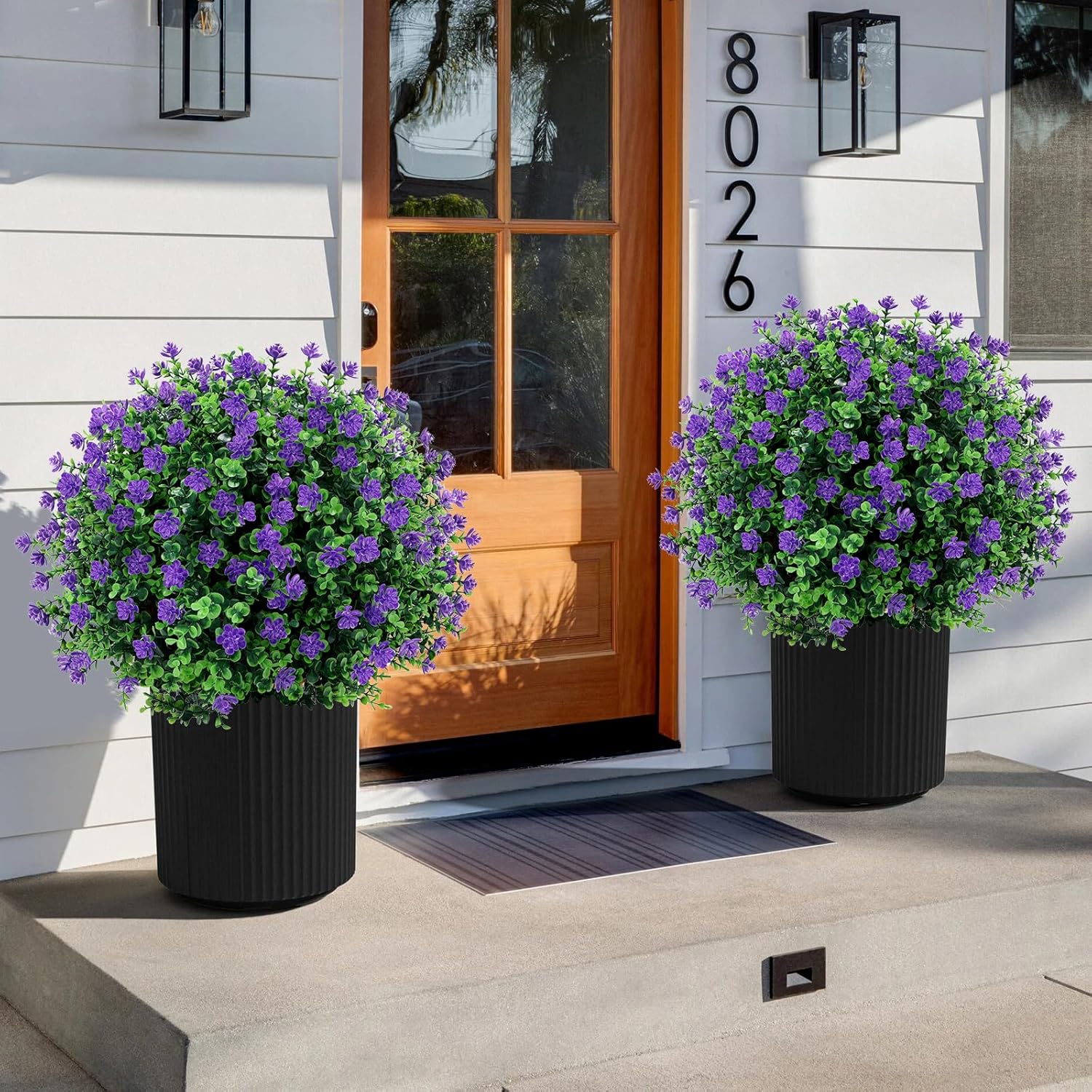 Artificial Purple flower Topiary Ball Tree 25" with Ground Spike, Set of 2 Artificial Boxwood Bushes for Faux Shrubs, Fake Evergreen Faux Plant for Indoor Outdoor Garden -UV Resistant–Fade-Proof