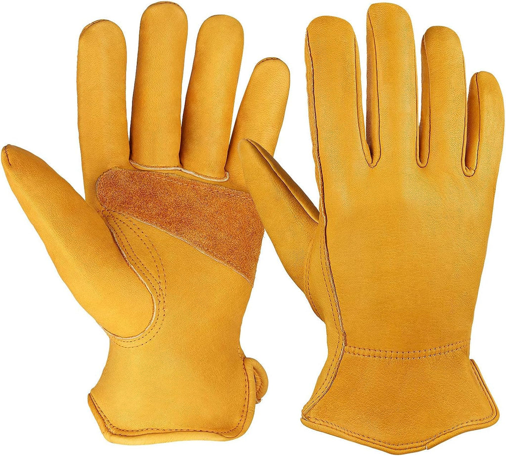OZERO Flex Grip Leather Work Gloves Stretchable Wrist Tough Cowhide Working Glove 1 Pair (Gold, Large)