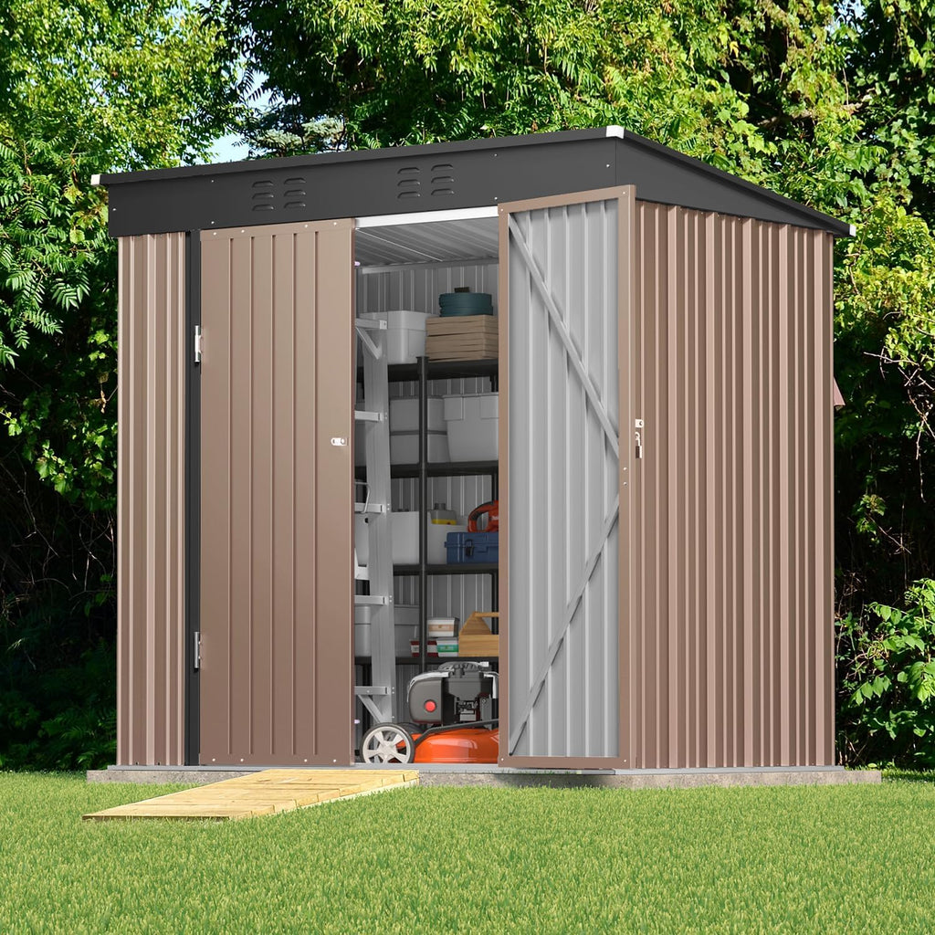 Gizoon 6' x 4' Outdoor Storage Shed with Double Lockable Doors, Anti-Corrosion Metal Garden Shed, Waterproof Shed Outdoor Storage Clearance for Backyard Patio Lawn-Brown
