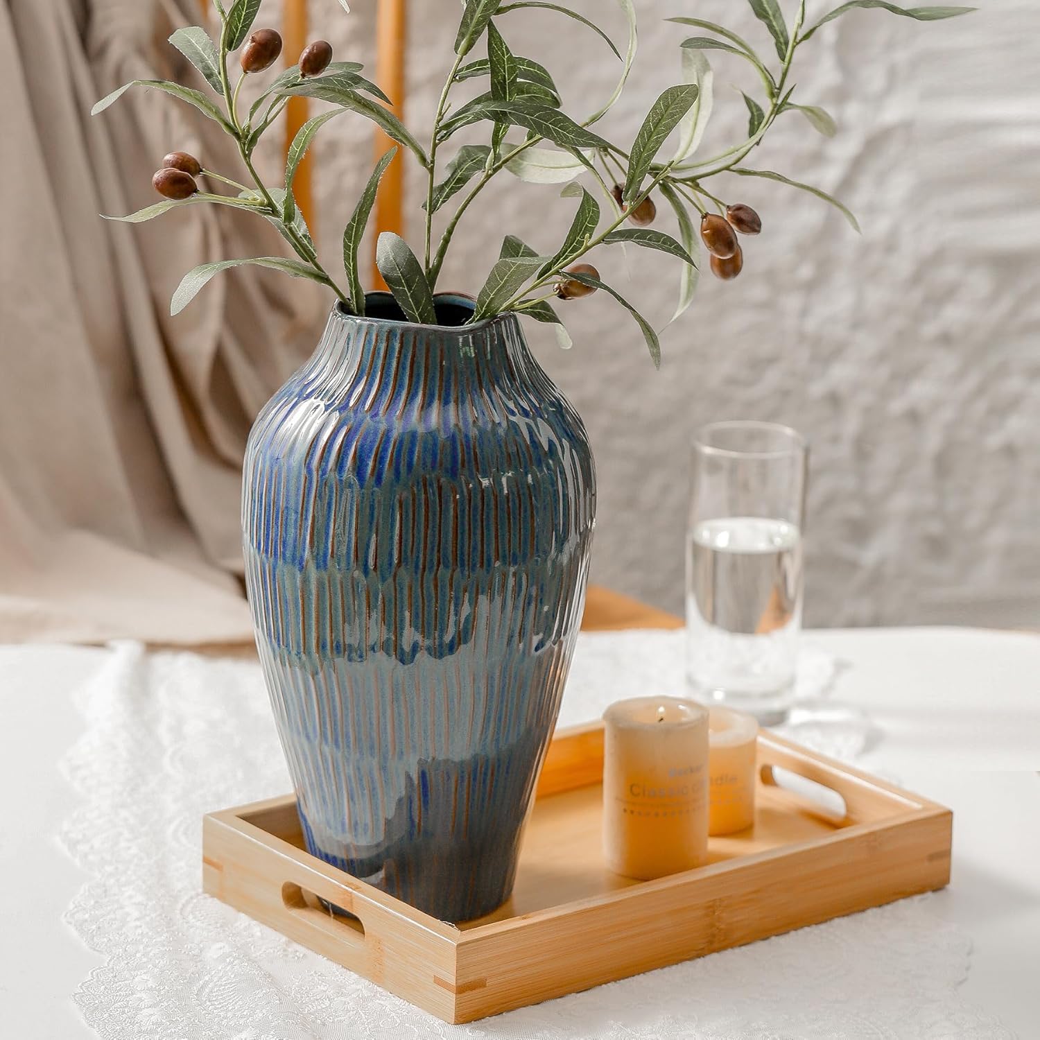 Blue Ceramic Vase for Home Decor,11.6 Inch Flower Vase，Decorative Vases for Pampas Grass，Modern Art Texture Vases for Home Entryway Living Room Dining Table Farmhouse Office Decor-Blue