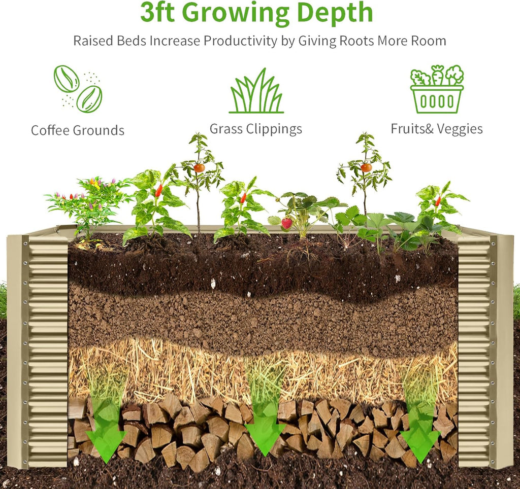 Land Guard 8x4x3ft Rectangular Galvanized Raised Garden Beds, Large-Capacity Metal Planter Box Outdoor, Durable Deep Raised Garden Bed 3ft Tall, Raised Beds for Gardening Vegetables, Cream Yellow