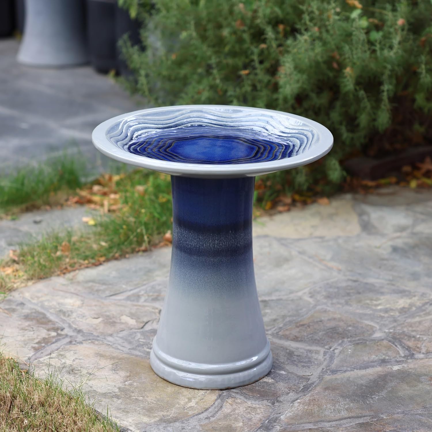 LuxenHome 18 Inch Ceramic Bird Bath for Outside, Elegant Tall Outdoor Bird Bath, Lightweight Pedestal Glazed Birdbaths for Outdoors with Swirl Pattern, Ombre Blue