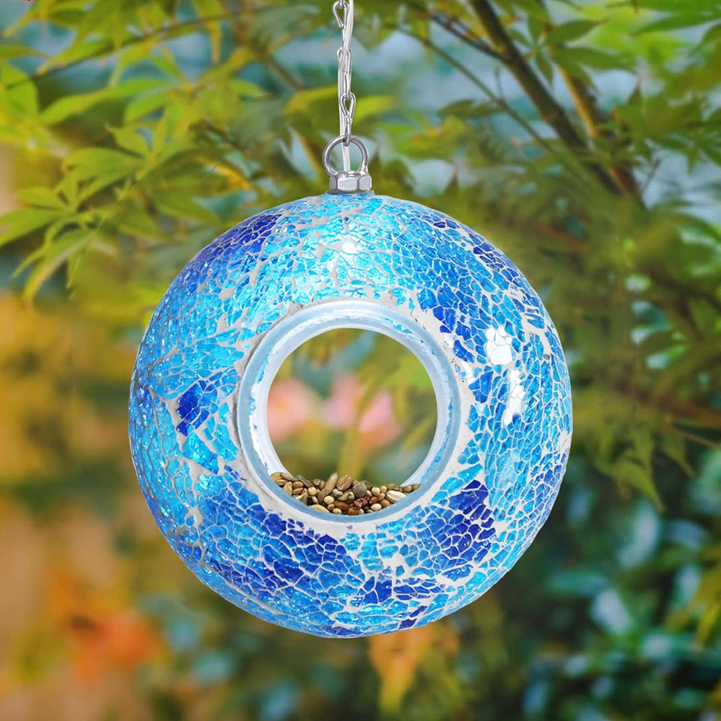 Yinns Solar Bird Feeder - Mosaic Fly Through Bird Feeders for Outside Hanging with Round Shape Glass Container Birdfeeder for Garden Decor, 8 Inch