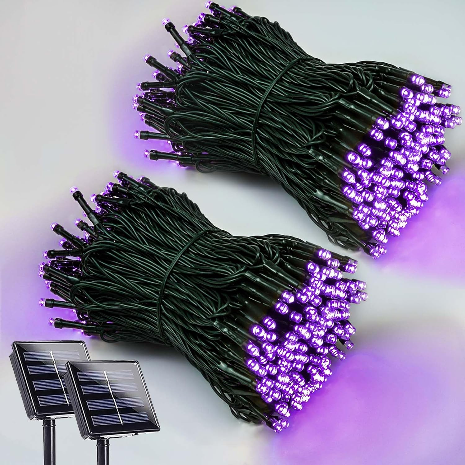 EEW 2 Pack 200 LED Solar Halloween Lights Outdoor Waterproof, Solar String Lights for Outside, Solar Powered Tree Light with 8 Lighting Modes for Xmas Party Garden Yard Halloween Decorations (Purple)