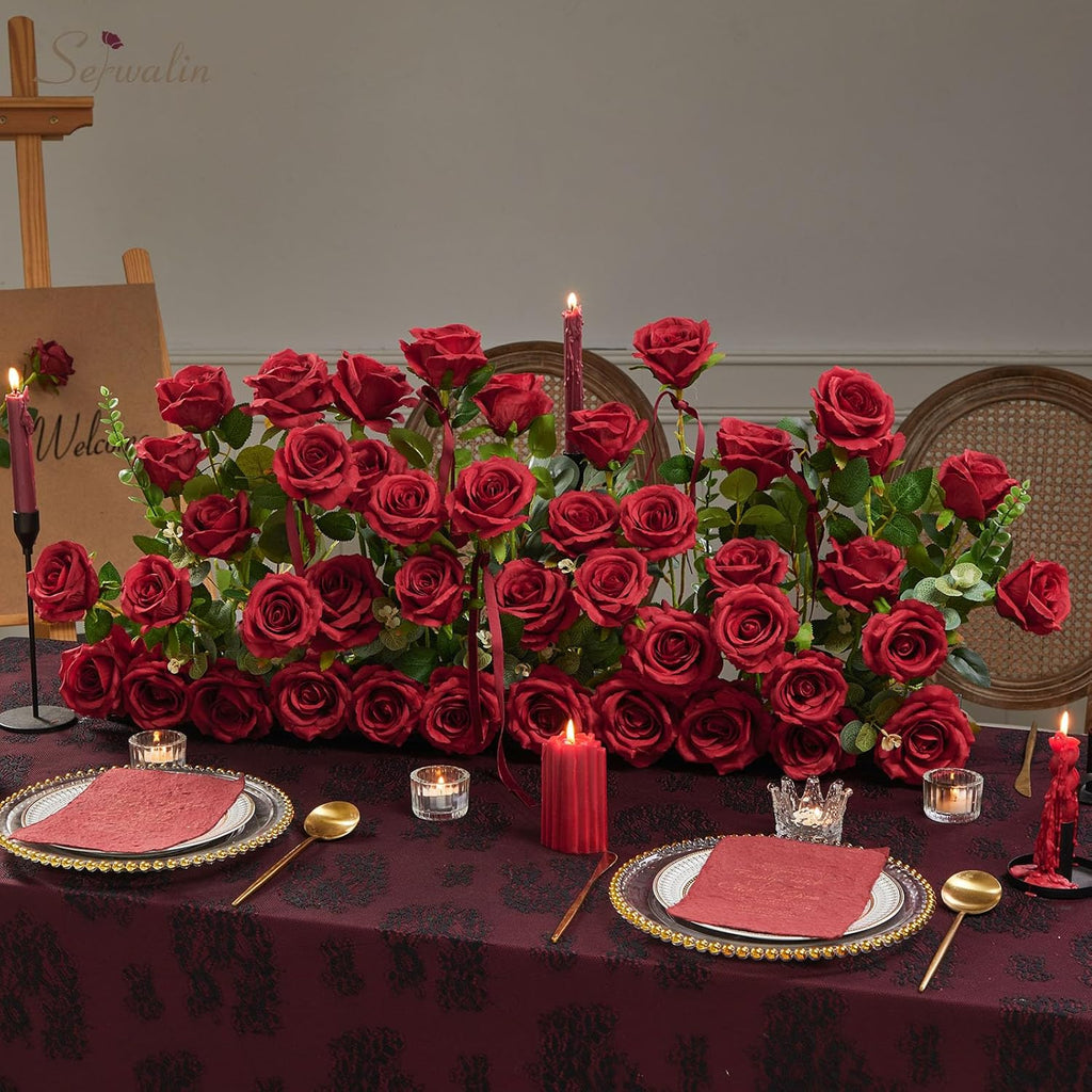Serwalin 60 PCS Red Artificial Roses Bulk, Realistic Silk Fake Roses for Bridal Bouquet Wedding Centerpieces Table Arrangement Party Home Decor
