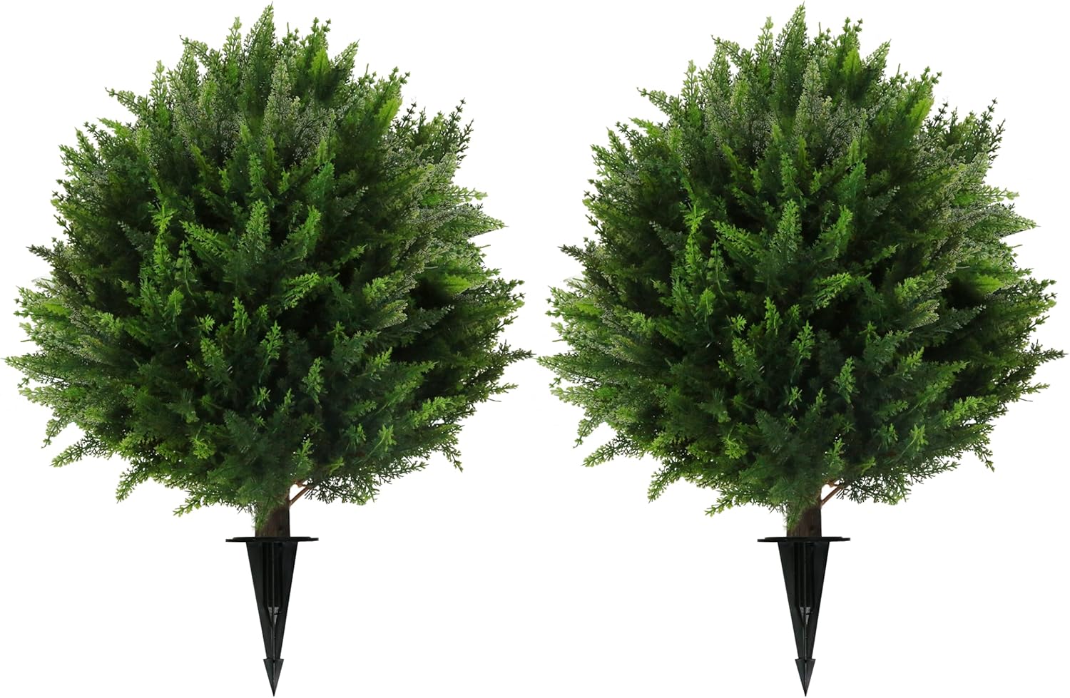 Sunnyglade Set of 2 Artificial Cedar Topiary Ball Trees, Faux Cedar Shrub Bushes with Ground Spike 25.5", UV Resistant Fake Cedar Plants for Indoor, Garden, Yard, Porch, Patio Decor (Green)