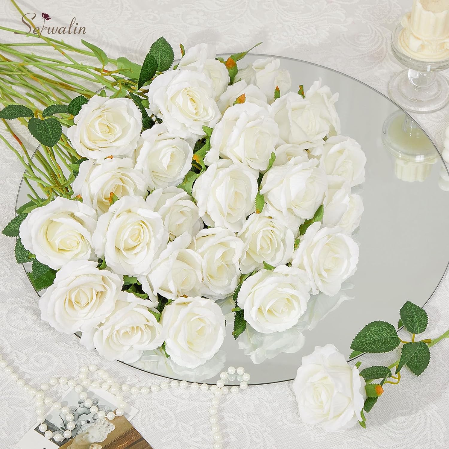 Serwalin 30PCS Artificial White Roses, Fake Silk Roses with Long Stems, Realistic Roses Flowers for Wedding Centerpieces Bridal Bouquet Party Home Office Decor