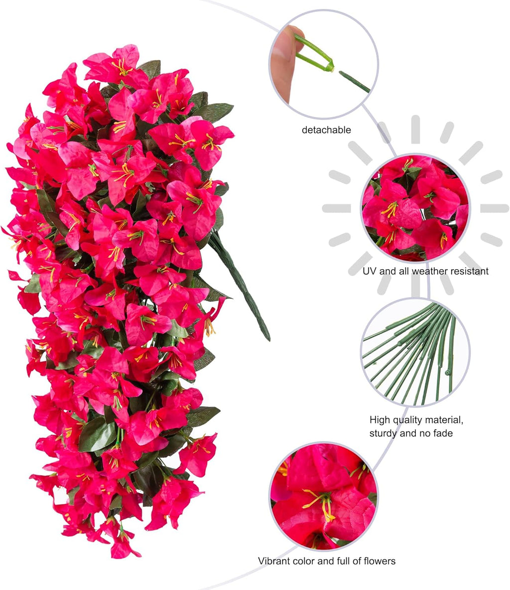 Bougainvillea Artificial Hanging Flowers Plants for Outdoors Decoration, 2pcs Fake Flowers Silk Bougainvillea Vines Realistic UV Resistant Faux Flowers for Planters Porch Patio Urn, Hot Pink
