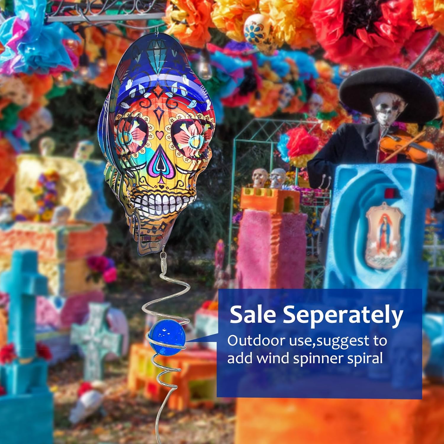 Goolyrusim Metal Wind Spinner - Sugar Skull Wind Spinners, Kinetic Hanging Wind Sculpture 3D Skeleton Wind Catcher for Yard and Garden Decoration Outdoor Decor, Unique Gifts for Halloween, Christmas