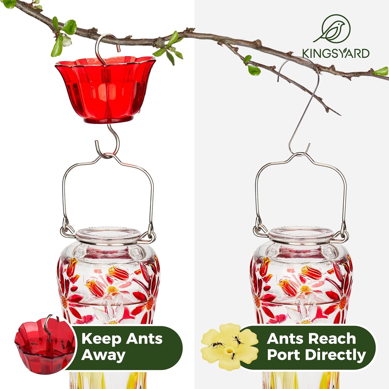 Kingsyard 2 Pack Glass Hummingbird Feeders for Outdoors Hanging, Hummingbird Nectar Feeder with Ant Moat & 6 Feeding Ports, 25 Oz Leak Proof, Red