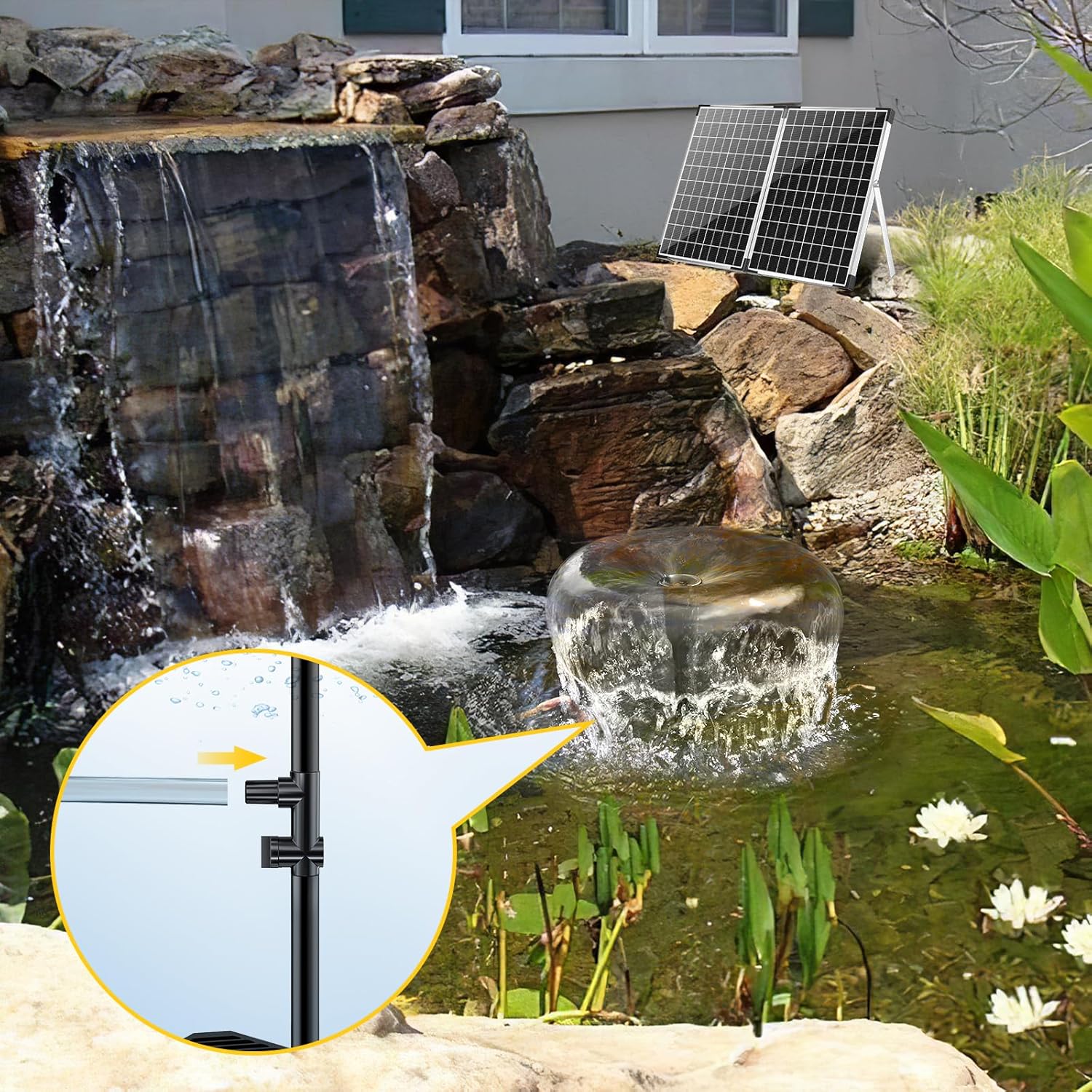 Antfraer Solar Fountain Pump with Pond Filter Kit, 40W Panel Solar Pond Pump with Pond Filter Box, Pond Filter for Outdoor Pond Garden Fountains Waterfalls DIY Water Feature