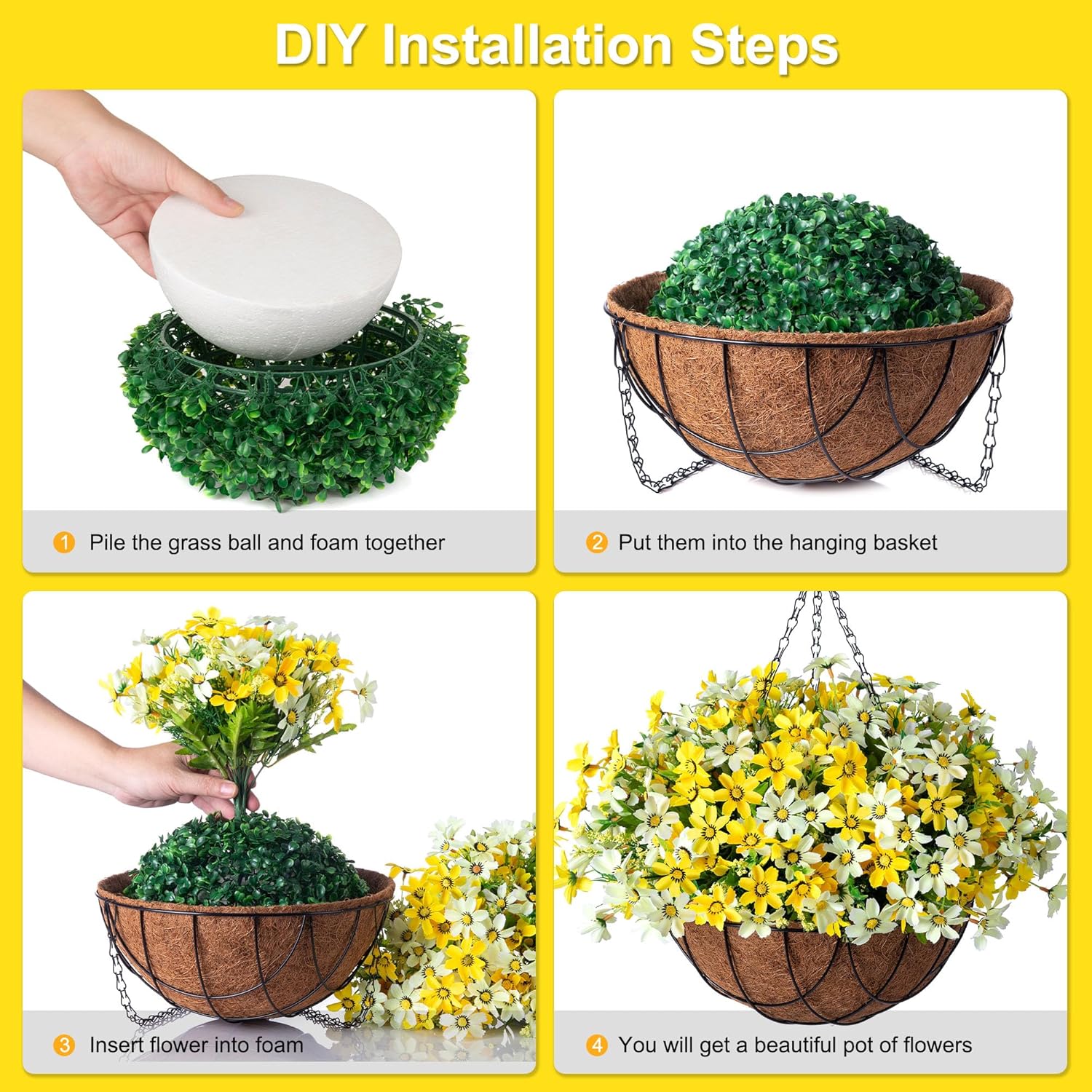 Artificial Silk Flowers Hanging Baskets Outdoors,Chrysanthemum with Eucalyptus Leaves Arrangement for Garden Yard Decor,Faux Plant in Metal Coconut Lining Flowerpot(Yellow)