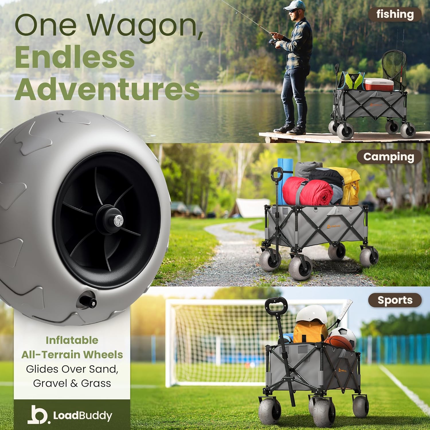 Foldable Beach Wagon – Gray Orange – Collapsible Utility Cart with Inflatable Wheels, Pump, Storage & Rope – Heavy Duty Garden, Grocery & Camping Trolley