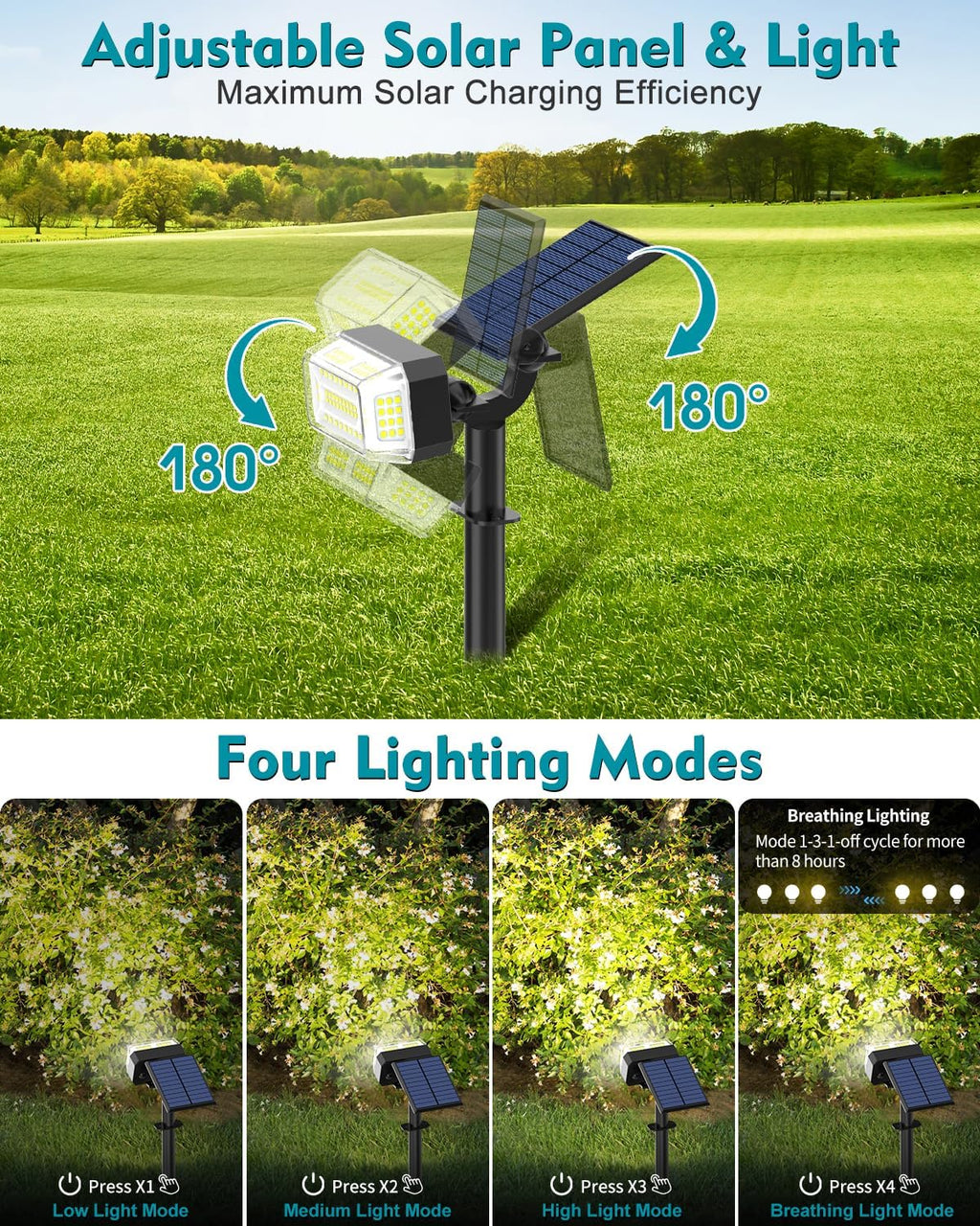 102 LEDs Solar Spot Lights Outdoor, [ 4 Modes/8 Pack] Solar Spotlights Waterproof IP65, Adjustable Light & Panel Landscape Flood Powered Lights for Yard Garden Pathway Wall (Cool White)