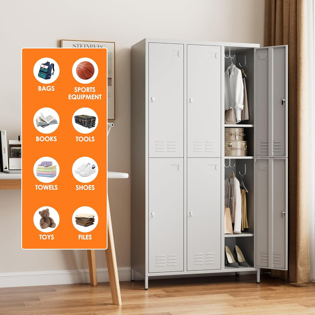 METAN Metal Locker for School Office Gym Bedroom,6 Doors Steel Storage Lockers Cabinet for Employees,Industrial Storage with 1 Shelf,Assembly Required,Light Gray