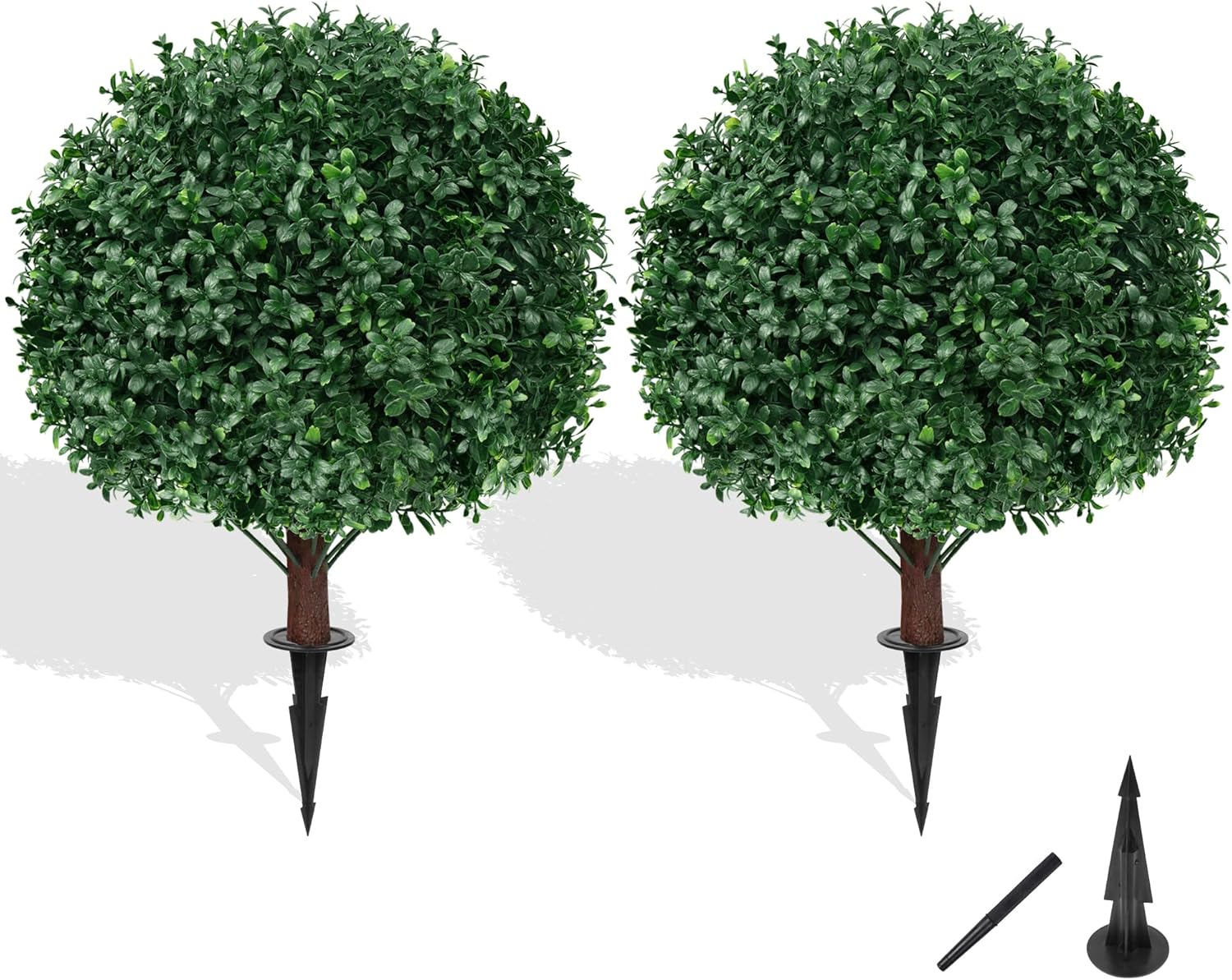 Artificial Boxwood Topiary Ball Tree with Ground Spike, Set of 2 Artificial Shrub Bushes, Fake Evergreen Tree for Porch, Artificial Plants for Outdoor Planters Indoor UV Resistant