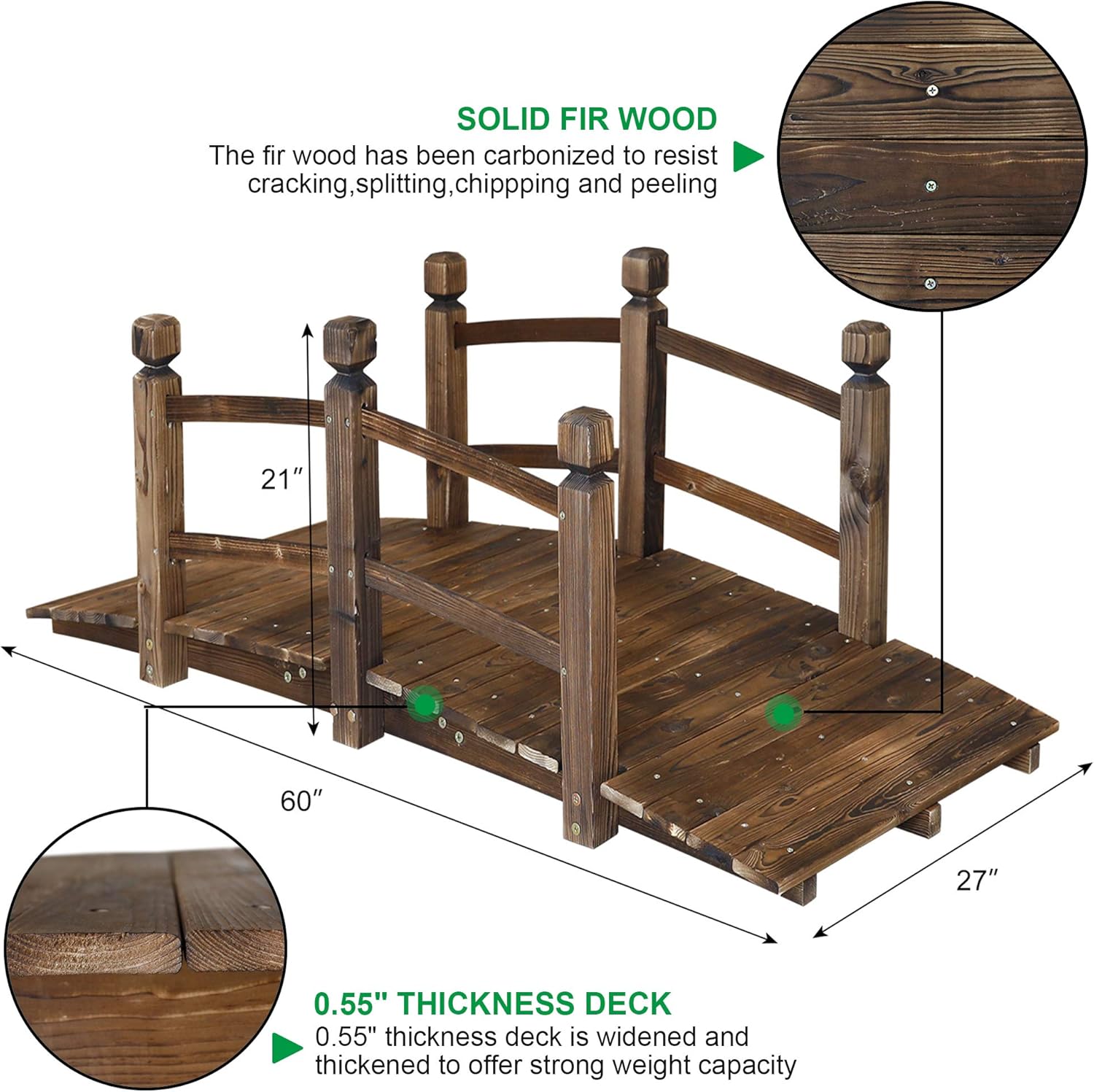 5FT Wooden Garden Bridge Arch Stained Finish Footbridge Decorative Backyard Bridge with Double Safety Railings Outdoor Lawn Pond Bridge Walkway for Garden Yard Patio Courtyard Farm Stream Creek