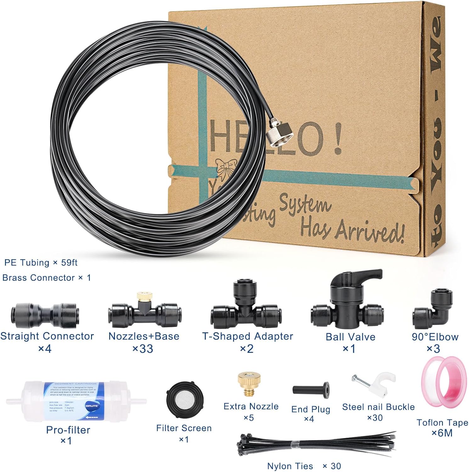 Misters for Outside Patio, 88ft Misting Line + Filter + 37 Brass Misting Nozzles +Brass Adapter(3/4") Misting System for Garden, Greenhouse, Trampoline and Chicken Coop