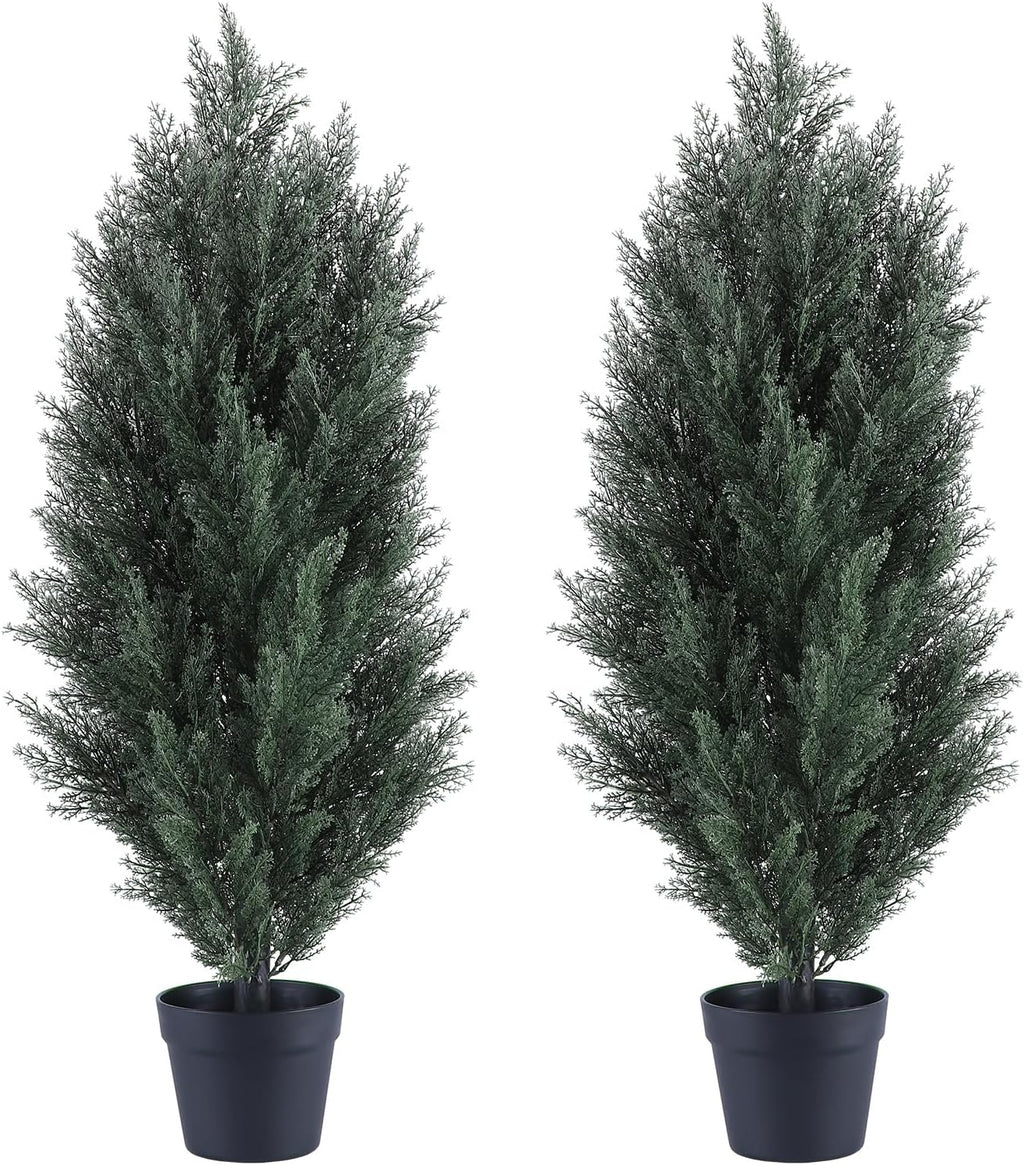 THE BLOOM TIMES 3ft Topiary Trees Artificial Outdoor 2 Pack – UV Resistant Faux Cedar Pine Cypress Bushes and Shrubs, Fake Potted Plants for Front Porch Outside Planter Patio Decor, Set of 2 (3 Foot)
