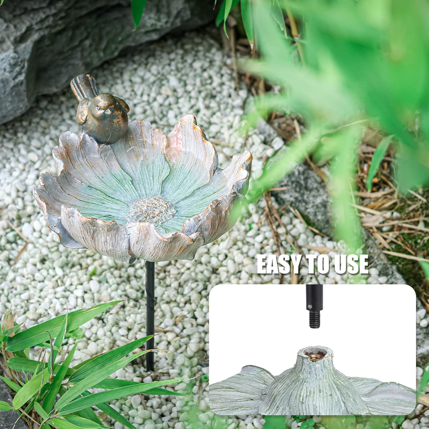 MUMTOP Outdoor Antique Bird Bath Small Flower Bird Baths Bowl Resin Birdbaths for The Garden with Metal Stake