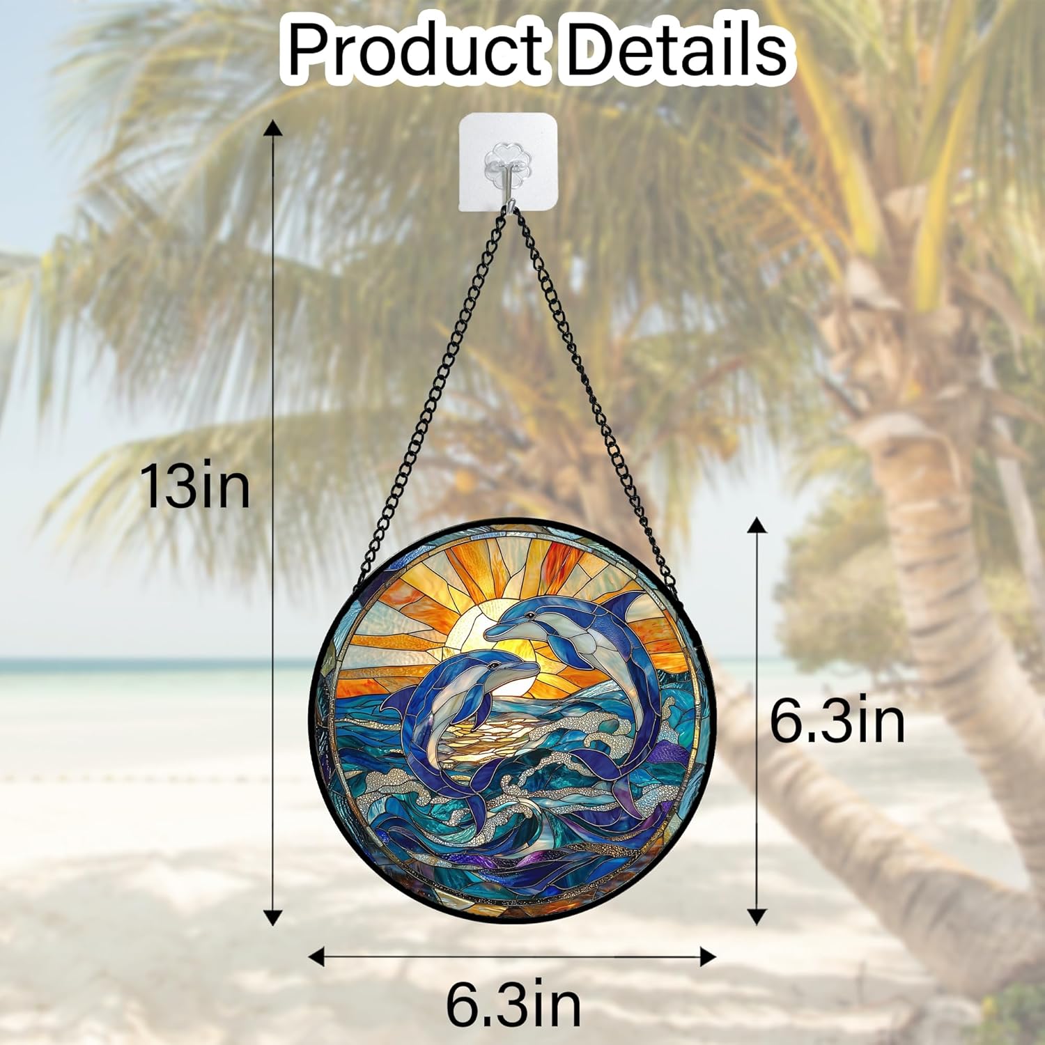 Stained Glass Window Hanging, Blue Dolphin Sun Catchers Colorful Glass Panel Sunrise Sea View Suncatcher Decor for Birthday for Women, Men, Wife, Aunt, and Mom 6.3 in