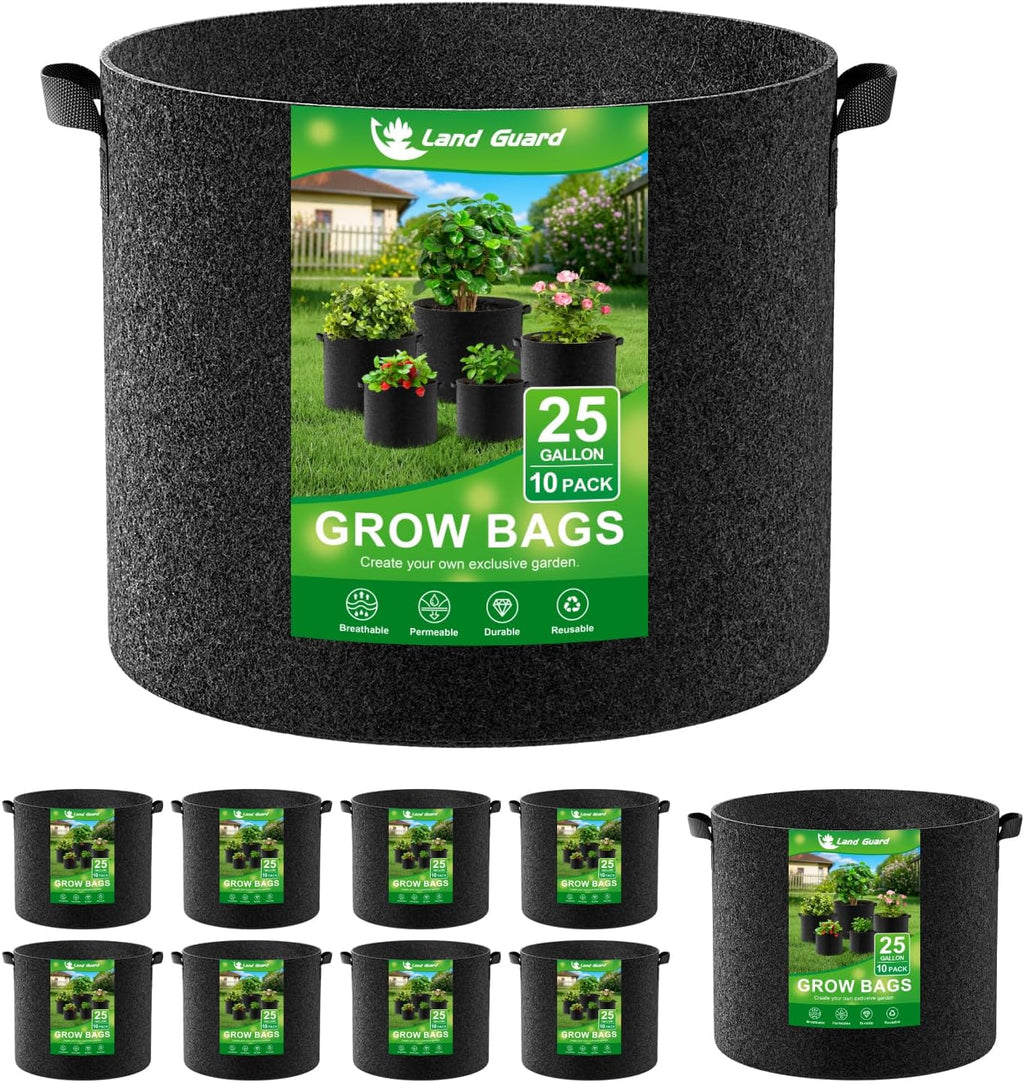Land Guard 10-Pack Fabric Grow Bags 25 Gallon, Thickened Nonwoven Garden Pots, Growing Bags with Handles, Black