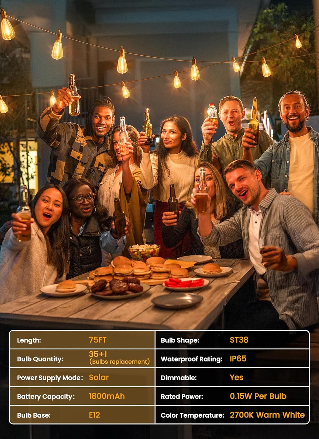 Brightown Solar String Lights Outdoor Waterproof 75FT with 35 Shatterproof ST38 LED Bulbs, 2700K Solar Lights Outdoor with Remote, Solar String Lights for Outside, Camping, Yard, Party Decor