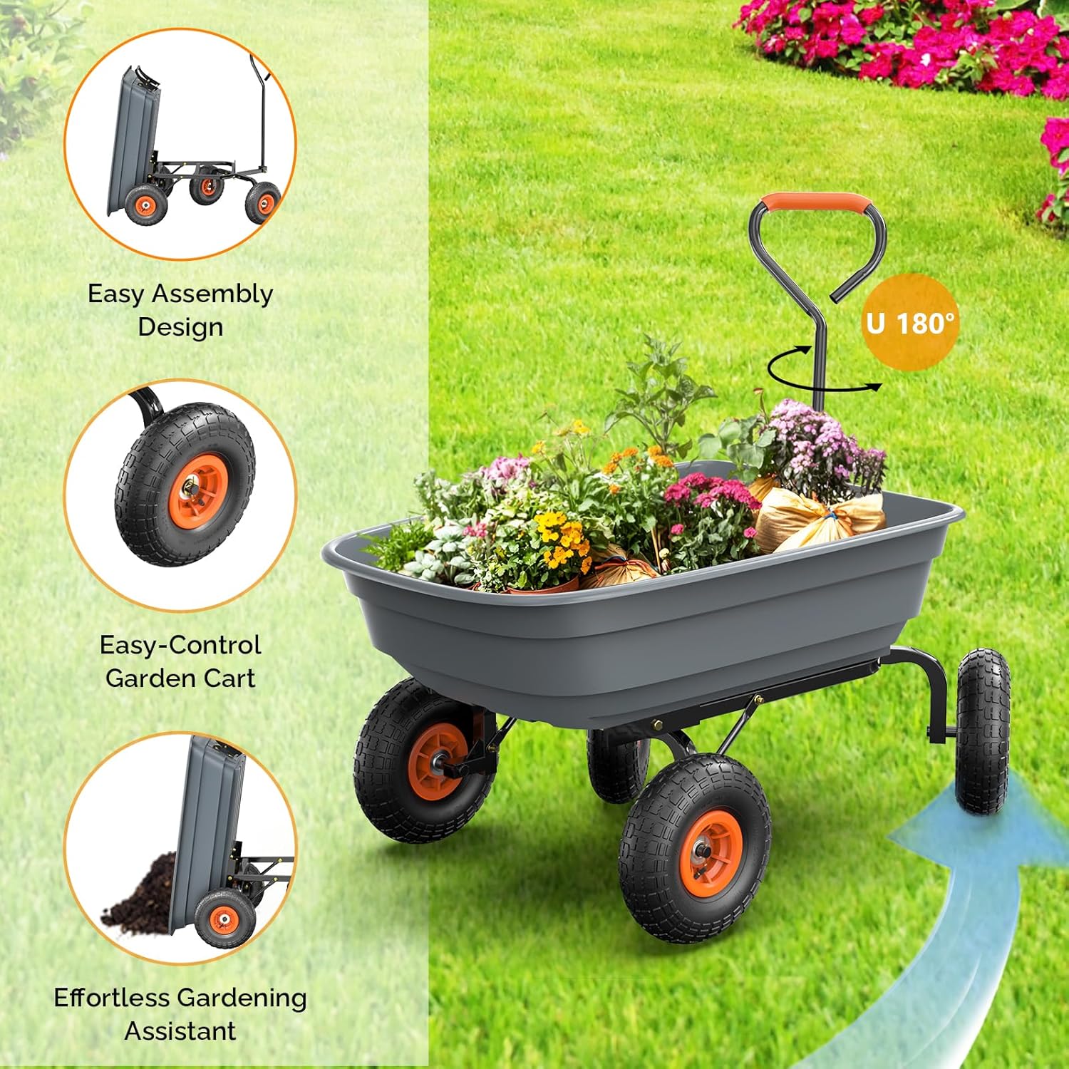 VINGLI Dump Cart Wagon, 440LBS Quick-Release Dump Wheelbarrow, All-Terrain 10" Tires Garden Wagon for Yard, Lawn and Outdoor Use