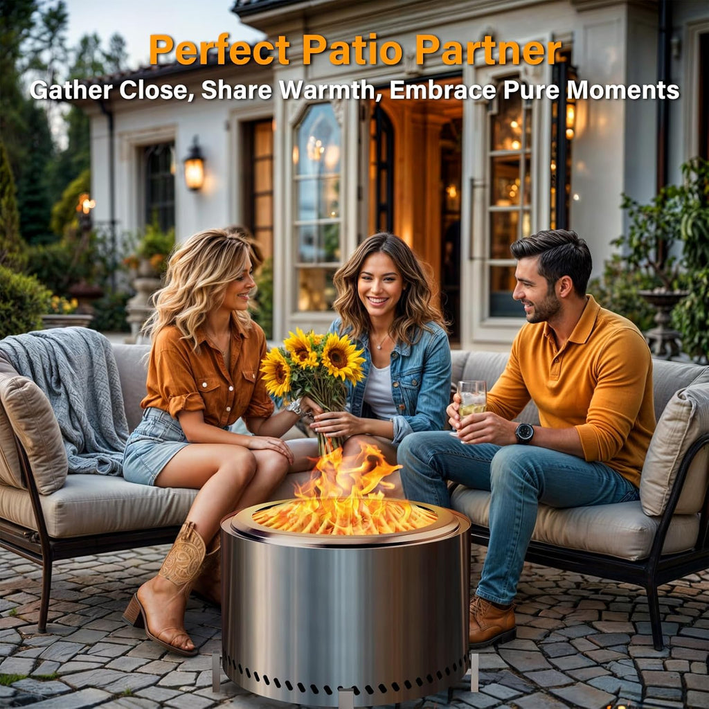 HGD 27.5" Smokeless Fire Pit with Stand, Stainless Steel Wood Burning Firepit for Friends & Family Gatherings, Secondary Combustion Outdoor Patio Stove for Garden BBQ & Bonfire