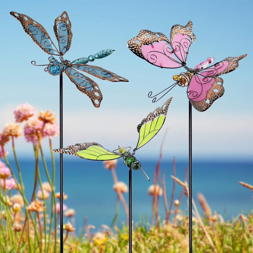 Juegoal 34 Inch Butterfly Garden Stakes Decor, Dragonfly Hummingbird Stakes, Glow in Dark Metal Yard Art for Mom, Mothers Day Ideal Gifts, Indoor Outdoor Lawn Pathway Patio Ornaments, Set of 3
