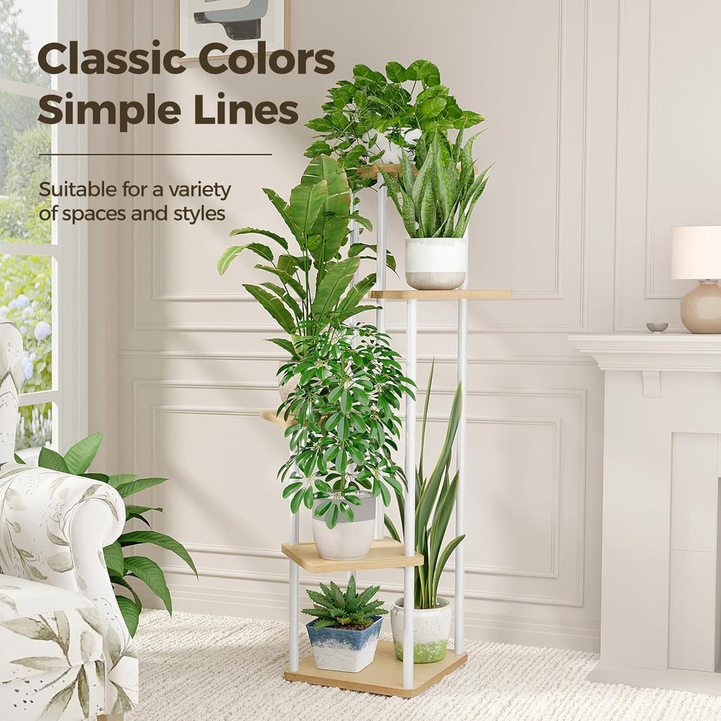 Bamworld White Plant Stand Indoor 5 Tier Plant Shelf for Multiple Plants Corner Flower Stand Metal Wood Plant Table for Patio Garden Balcony Living Room Bedroom
